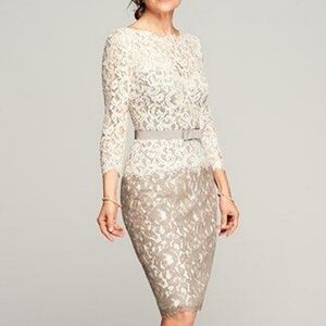 TADASHI SHOJI Two Tone Lace Overlay Grosgrain Ribbon Belt ¾ Sleeve Dress SIZE: 2